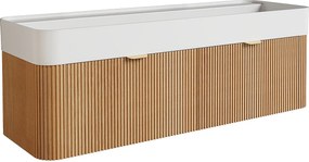 Wisząca szafka łazienkowa z prążkowanego drewna jesionowego z podwójną umywalką podblatową do zabudowy z matowej białej żywicy - Jasny naturalny - 120 cm - BULMAS