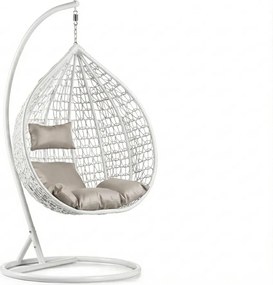 Białe wiszące krzesło KOKON ze stojakiem, jasna poduszka