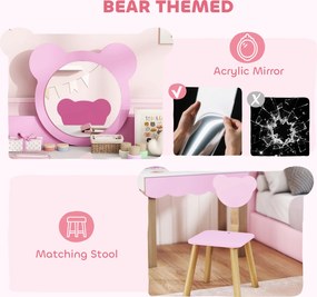 AIYAPLAY Zestaw toaletki dla dzieci z hokerem, lustro w kształcie misia, szuflada, MDF, różowy