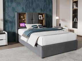 Łóżko z tapicerowanym stelażem 90x200 cm - z ładowaniem bezprzewodowym i głową do przechowywania - materiał bawełniany - Szary