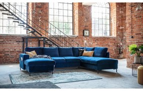 Granatowa aksamitna rozkładana sofa w kształcie litery "U" Miuform Lofty Lilly, prawostronna