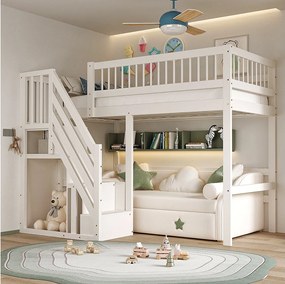 Łóżko piętrowe dla dzieci - 90 x 200 cm - schody z pojemnikiem - drewno - białe
