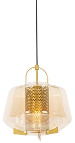 Złota lampa wisząca art deco z bursztynowym szkłem 30 cm - Kevin ArtDeco Oswietlenie wewnetrzne