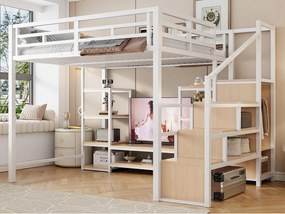 Łóżko na antresoli 140x200 - Z gniazdkiem elektrycznym - Z przegródkami do przechowywania - Z drabiną z pojemnikami - Biały (materac nie jest wliczony w cenę)