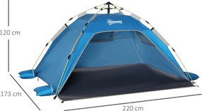 Outsunny Namiot plażowy Pop-up, rama z włókna szklanego, 4 kieszenie, okna z siatki, elastyczny, Niebieski