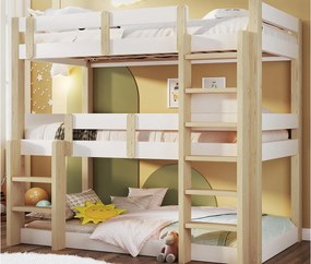 Łóżko piętrowe 90x190 cm - Łóżko potrójne - z drabiną bezpieczeństwa - Biały + naturalny​ (materac nie jest wliczony w cenę)
