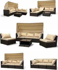 Wielofunkcyjny zestaw mebli ogrodowych - narożnik, leżanka z daszkiem Galicja 101 brąz, poduszki beżowe