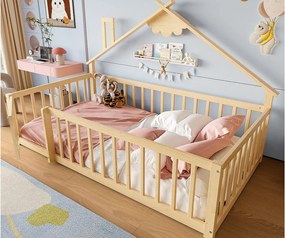 Łóżko typu domki dla dzieci 90x190cm - z barierkami ochronnymi - drewno lite - naturalne (bez materaca)