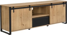 Szafka RTV z 2 przesuwnymi drzwiami, 1 szufladą i 1 wnęką z MDF i czarnego metalu - Naturalny - BELINARO