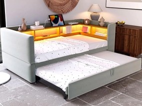 Kanapa rozkładana tapicerowana 90/180x190 cm - z oświetleniem LED - z gniazdkiem - liczne schowki - jasnoszara (materac nie wchodzi w skład)