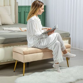 HOMCOM Ławka z miejscem do przechowywania w wyglądzie aksamitu, pikowany podnóżek z tapicerowaną ławką, rama metalowa, 102 x 35 x 43 cm, Beżowy