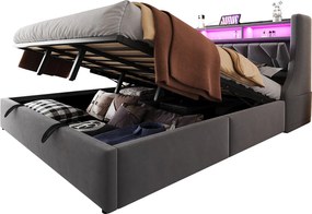 Łóżko tapicerowane ze schowkiem - 180 x 200 cm - hydrauliczne - składany zagłówek ze schowkiem + diody LED - MDF - szare