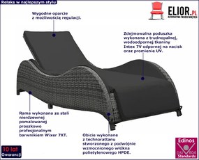 Antracytowy leżak technorattanowy ogrodowy z poduszką - Breta