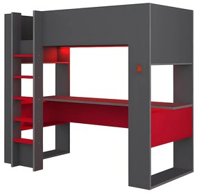 Łóżko z antresolą gamer NOAH, z biurkiem i ze skrzynią  – 90 × 200 cm – z oświetleniem LED – kolor antracytowy i czerwony