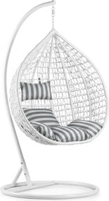 Białe wiszące krzesło KOKON ze stojakiem, biało-szara poduszka