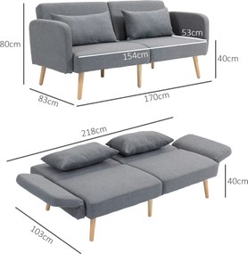 HOMCOM Rozkładana sofa 3-osobowa z regulowanym oparciem podwójne łóżko dla gości do 240 kg szara | Aosom PL