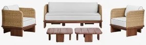 Zestaw Do Salonu Z 3-osobową Sofą, 2 Fotelami Oraz 2 Stolikami Kawowymi 70x70 Cm Z Rattanu I Drewna Akacjowego Famara Ciemny Akacjowy Brąz - Sklum