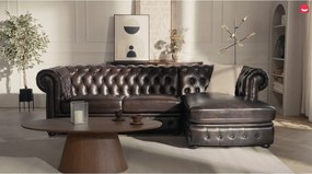 Kanapa narożna BRENTON w stylu Chesterfield, 100% skóry bawolej – kolor brązowy z kasztanowymi refleksami – Narożnik lewostronny