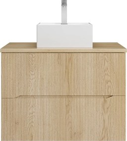 Szafka łazienkowa wisząca prążkowana z kwadratową umywalką nablatową i baterią – Jasny naturalny – 80 cm – ORISO