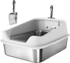 PawHut Kuweta ze stali nierdzewnej otwarta z łopatką, wysoki brzeg dla dużych kotów do 7 kg, 60,2 x 40,2 x 29,7 cm, Szary | Aosom PL