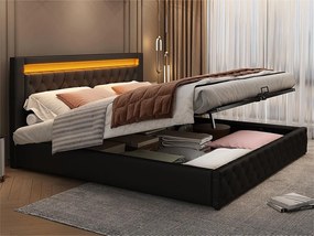 Łóżko z tapicerowanym zagłówkiem z ekoskóry z LED - 160x200cm - z stelażem na listwach - Czarny