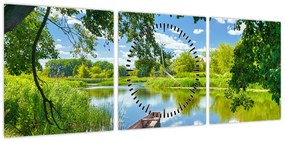 Obraz letniej rzeki z łodzią (z zegarem) (90x30 cm)