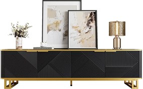 Stojak pod TV o geometrycznej fakturze - 160 x 37,5 x 48 cm - z 4 drzwiami - unikalny design - MDF - czarny