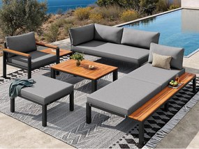 Modułowy zestaw salonu ogrodowego - na 6-7 osób - konstrukcja z żelaza ocynkowanego - ze stolikiem kawowym i podnóżkiem - Szary