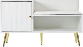 Nowoczesna ławka na buty z 3 drzwiami i poduszką - nogi i uchwyty metalowe - biała - 100 x 38 x 58 cm