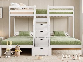 Łóżko piętrowe 90x200 cm - 3 miejsca do spania - schody z miejscem do przechowywania - z 4 szufladami - z barierką - biały