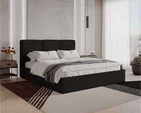 Łóżko tapicerowane 160x200 Mira boucle – łóżko z pojemnikiem na pościel i stelażem drewnianym, nowoczesne łóżko do sypialni, tkanina boucle – Czarny