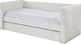 Łóżko kanapa z wysuwaną szufladą 2 x 90 x 190 cm – Tkanina teksturowana – Białe + Materac – SULAZO