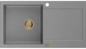 Mexen Leo zlewozmywak granitowy 1-komorowy z ociekaczem 900 x 500 mm, szary, syfon złoty - 6501901010-71-G