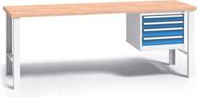 Profesjonalny stół warsztatowy G3 z drewnianym blatem roboczym, 2000 mm, 1x 4 szufladowy kontener, niebieski