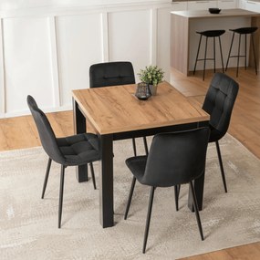 Zestaw Stół Kwadratowy Rozkładany MAX 80-160 cm Dąb Craft/Czarny i 4 Krzesła PERU Czarne Welurowe