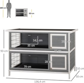 PawHut Klatka dla małych zwierząt dla świnek morskich i królików karłowatych, dwupoziomowa, drewniana, szara