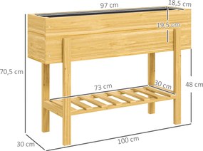 Outsunny Kwietnik z Dolną Półką, Drewniane Grządka z Wyściółką z Włókniny i Otworami Drenażowymi, 100 x 30 x 70,5 cm, Drewno Naturalne