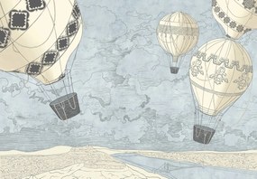 Fototapeta - Balony nad miastem, chłodne odcienie (196x136 cm)