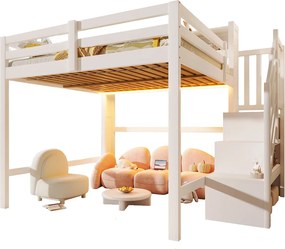 Łóżko na antresoli 140x200cm - z oświetleniem LED - z drabiną z pojemnikami - Biały​ (materac nie jest wliczony w cenę)