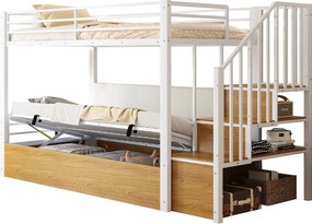 Łóżko piętrowe z kutego żelaza 90x200 cm - pikowane oparcie - z miejscem do przechowywania - z drabiną bezpieczeństwa - biały​ (materac nie jest wliczony w cenę)