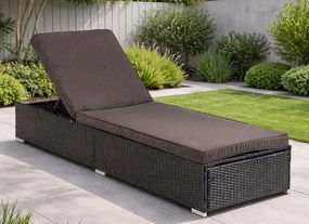 Leżak ogrodowy z regulowanym oparciem Brizo, czarny technorattan/brązowa poduszka