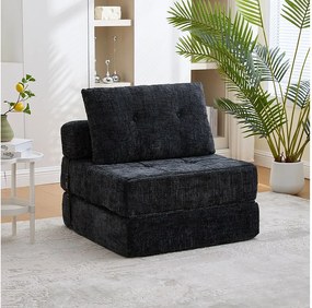 Rozkładana sofa z poduszkami lędźwiowymi i zagłówkiem, czarna tkanina szenilowa - do salonu i sypialni