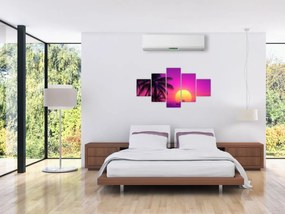 Obraz - Fioletowy zachód słońca z palmą (125x70 cm)