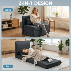 HOMCOM 2-w-1 fotel rozkładany, sofa-łóżko o strukturze lnu, tapicerowane łóżko dla gości, składany fotel, Ciemnoszary | Aosom PL