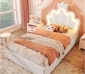 Łóżko dziecięce tapicerowane 90×200 cm - łóżko ze schowkiem - z taśmą LED - regulowane zagłówek - białe (materac nie jest zawarty)
