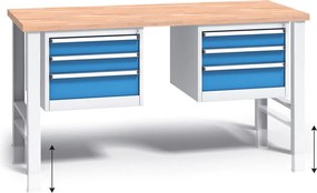 Stół warsztatowy z regulacją wysokości G3, 1700 x 685 x 840-1050 mm, 2x 3 szufladowy kontener, niebieski