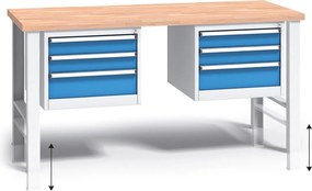 Stół warsztatowy z regulacją wysokości G3, 1700 x 685 x 840-1050 mm, 2x 3 szufladowy kontener, niebieski