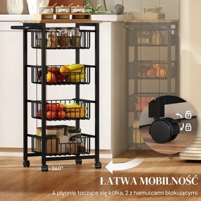 HOMCOM 4-poziomowy Wózek Kuchenny na Kółkach, Mobilny Wózek Serwisowy, Kuchenny Trolley z 4 Koszami Stalowymi