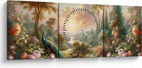 Obraz - Pawie w ogrodzie (z zegarem) (90x30 cm)
