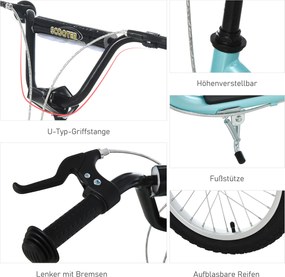 HOMCOM Hulajnoga dziecięca, miejska, 16/12 cali, niebieska, aluminiowa, 139x58x88-94cm | Aosom PL